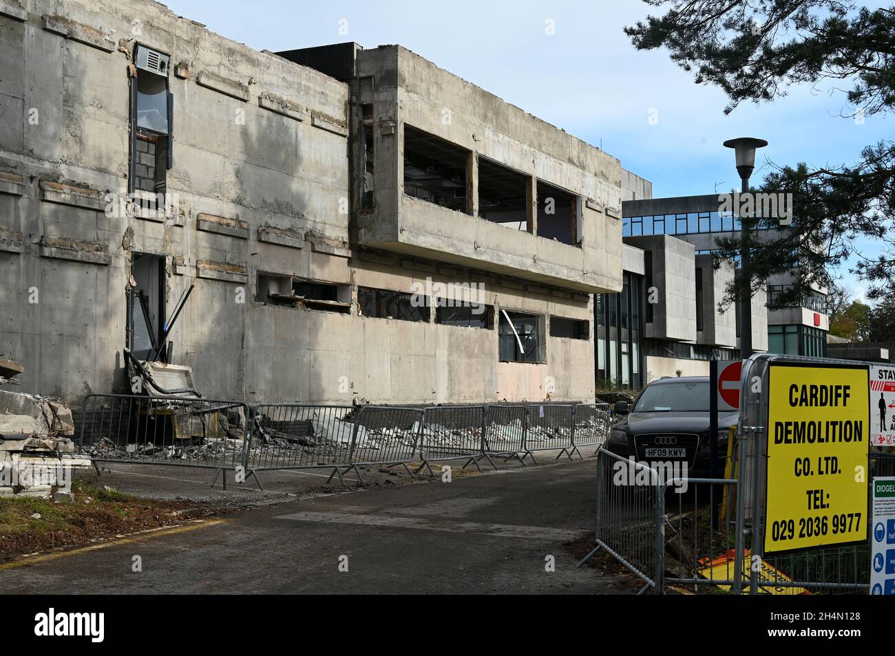 Work to demolish the front facade of the main building of the  old BBC headquarters Llandaff Cardiff is underway.   Picture by Richard Williams Stock Photo