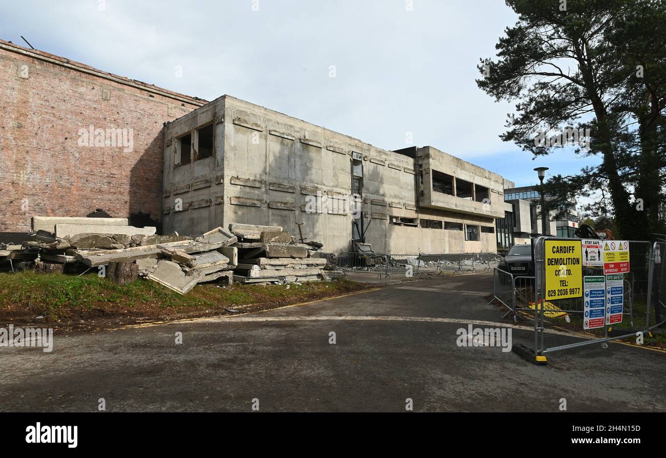 Work to demolish the front facade of the main building of the  old BBC headquarters Llandaff Cardiff is underway.   Picture by Richard Williams Stock Photo