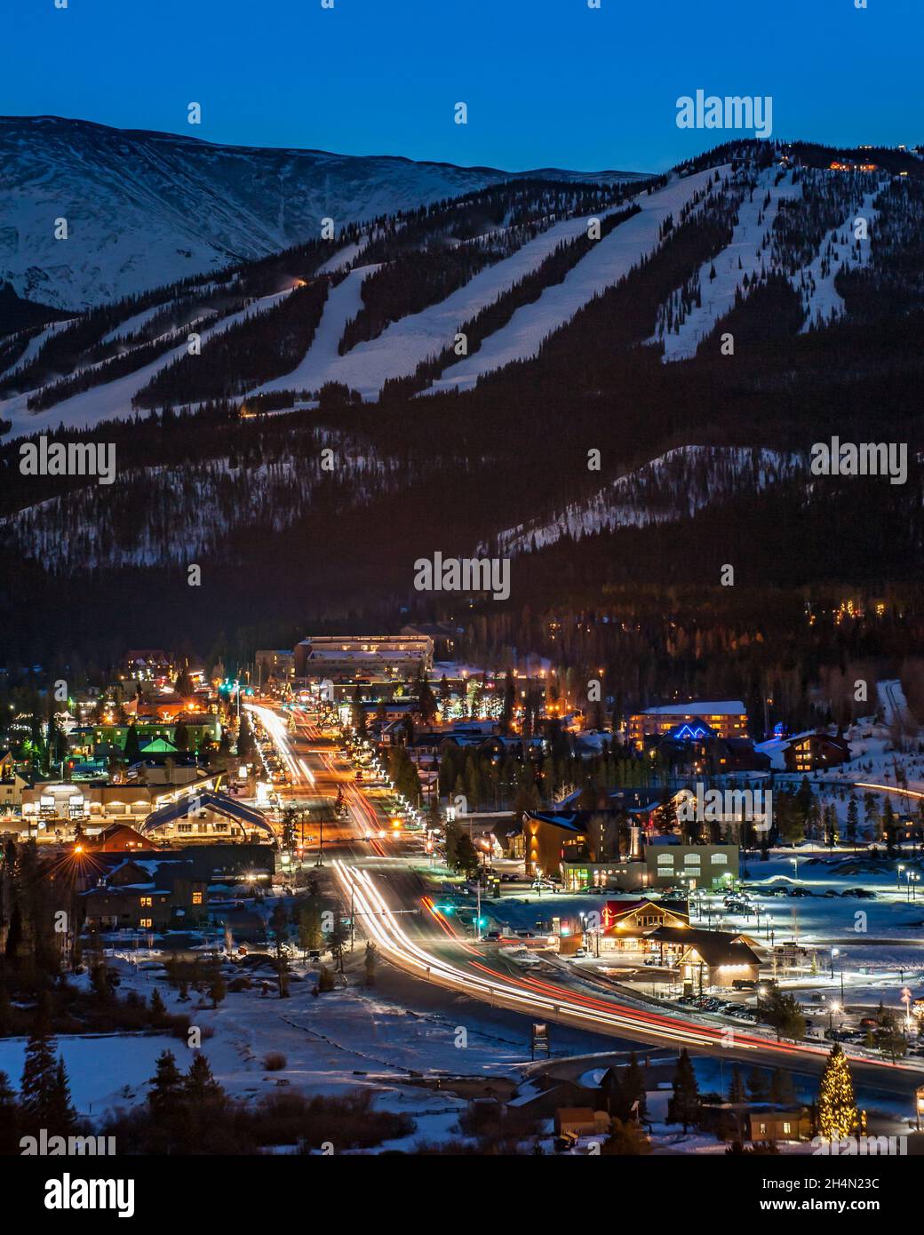 Christmas lights of the Town of Winter Park, Colorado in front of the Winter Park Ski Resort Stock Photo