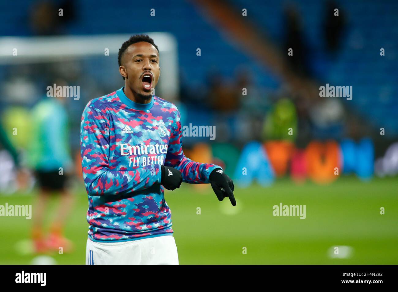 Madrid, Spain. 03rd Nov, 2021. Eder Militao of Real Madrid warms up during  the UEFA Champions League, Group D football match between Real Madrid and  Shakhtar Donetsk on November 03, 2021 at