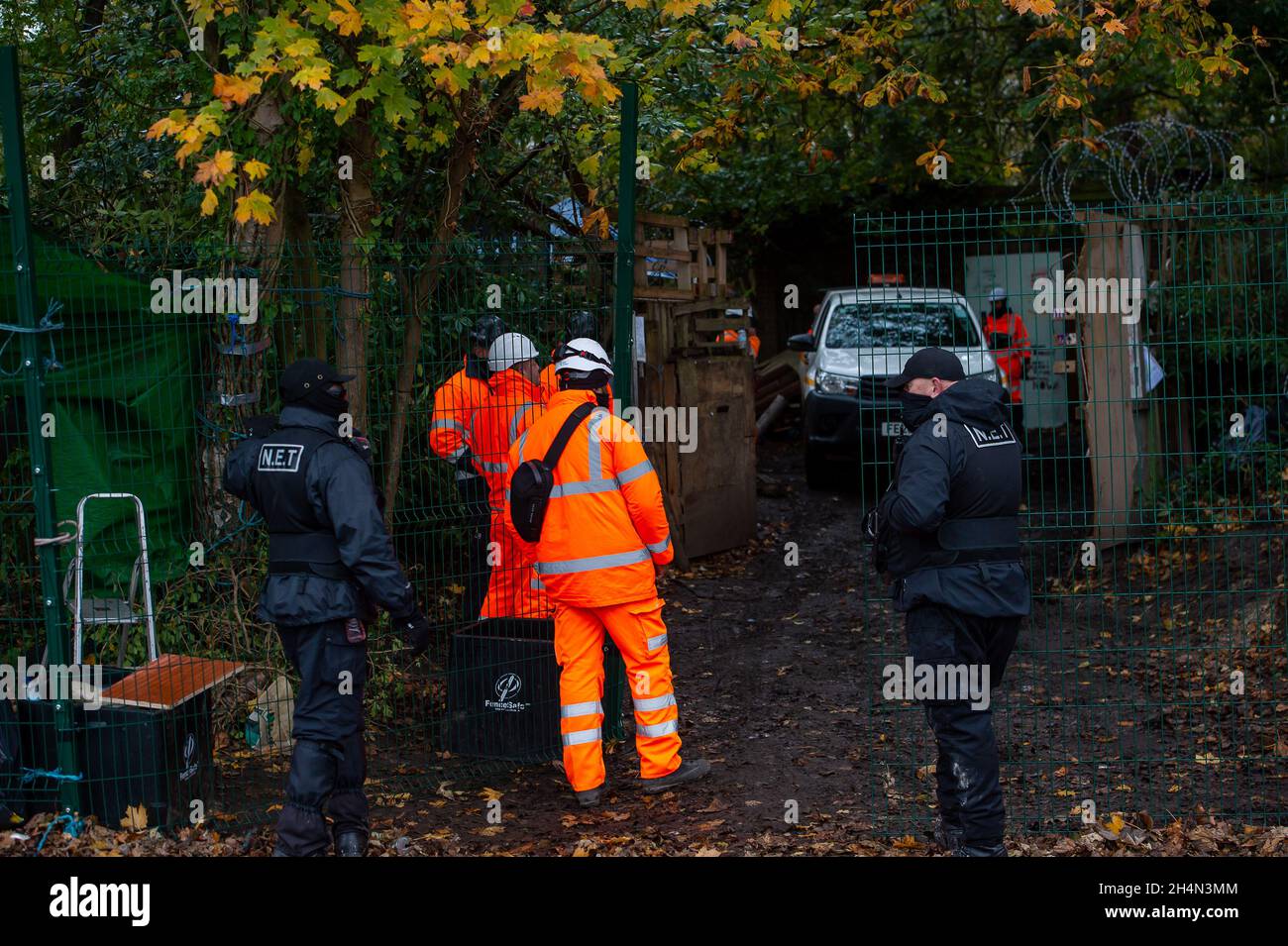 Aylesbury Vale, UK. 3rd November, 2021. Anti HS2 activists including Daniel Hooper known as Swampy, remain holed up underground deep in tunnels at the Wendover Active Resistance WAR camp on the outskirts of Wendover. The National Eviction Team Enforcement Agents starting evicting the camp on 10th October however they are struggling to get access into the maze of underground tunnels built by the activists who are fighting to Stop the destructive High Speed Rail project. Credit: Maureen McLean/Alamy Live News Stock Photo