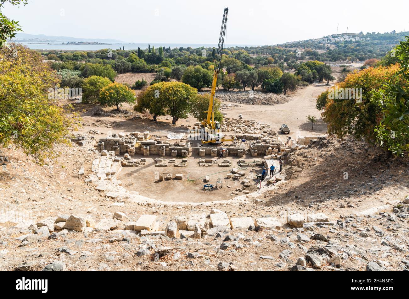 Teos, Izmir, Turkey – October 5, 2020. Excavation works going on at the ruined amphitheatre of ancient Greek city Teos in Izmir province of Turkey. Te Stock Photo