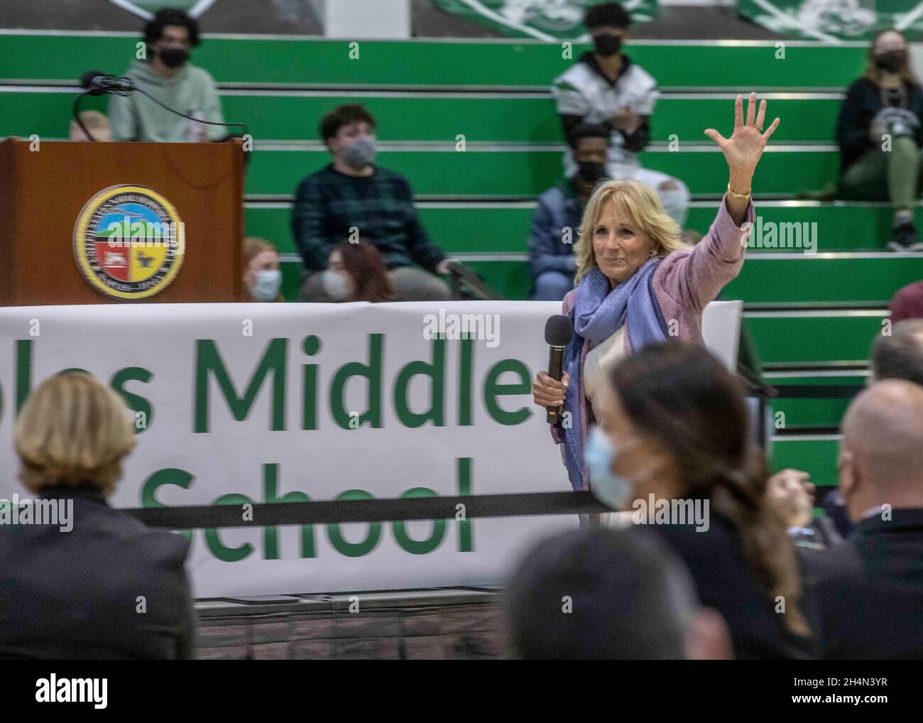 Naples, Italy. 01 November, 2021. U.S First Lady Jill Biden talks with students during a visit to Naples Middle High School at Naval Support Activity Naples November 1, 2021 in Naples, Italy. Biden visited with students, parents and community members as part of her White House initiative Joining Forces, a program that supports military and veteran families.  Credit: MC1 Fred Gray IV/U.S. Navy Photo/Alamy Live News Stock Photo