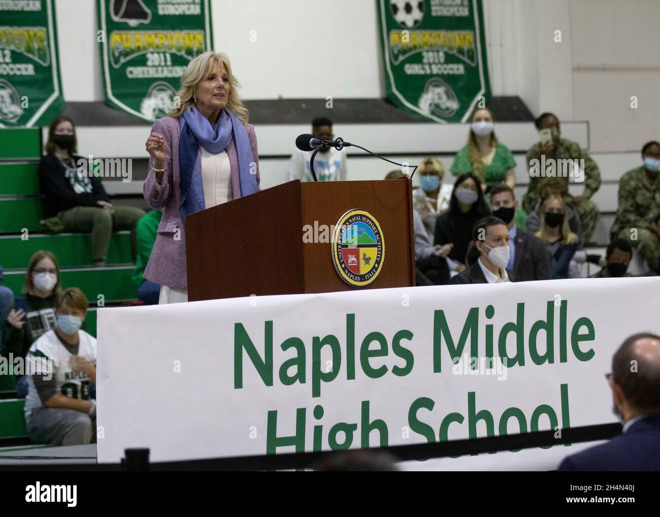 Naples, Italy. 01 November, 2021. U.S First Lady Jill Biden addresses students and teachers during a visit to Naples Middle High School at Naval Support Activity Naples November 1, 2021 in Naples, Italy. Biden visited with students, parents and community members as part of her White House initiative Joining Forces, a program that supports military and veteran families.  Credit: MC1 Fred Gray IV/U.S. Navy Photo/Alamy Live News Stock Photo