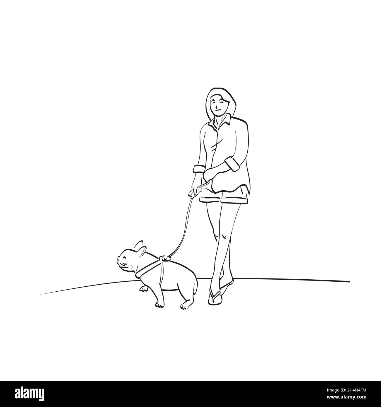 woman with her bulldog illustration vector isolated on white background line art. Stock Vector