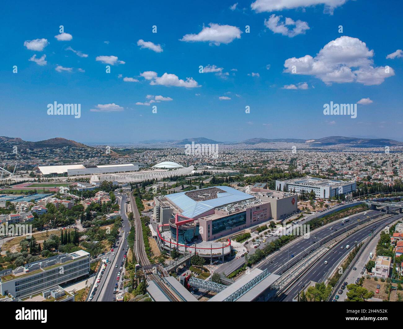 Aerial panoramic view of northern suburbs of Athens city. Centered the famous Athens Mall shopping center, Marousi in Attica, Greece, Europe Stock Photo