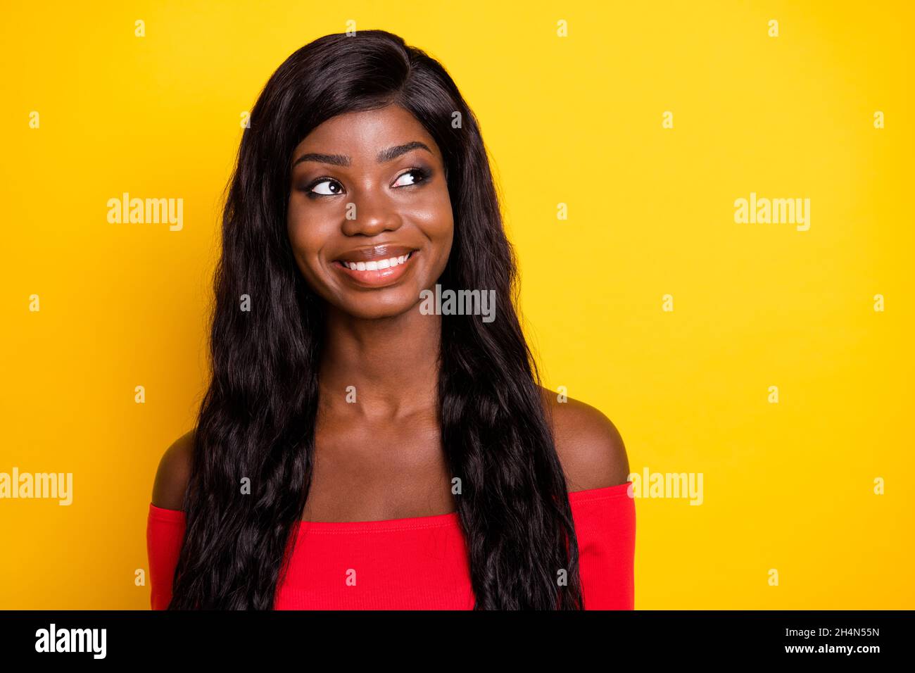 Photo of adorable pretty dark skin lady wear off-shoulders top looking ...