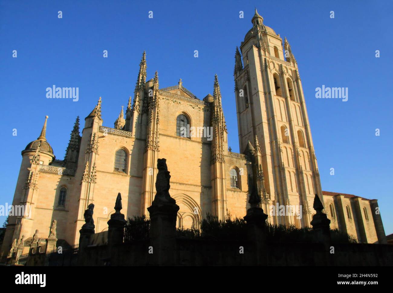Segovia Cathedral west front soon before sunset in Segovia, Castile Leon, Spain Stock Photo