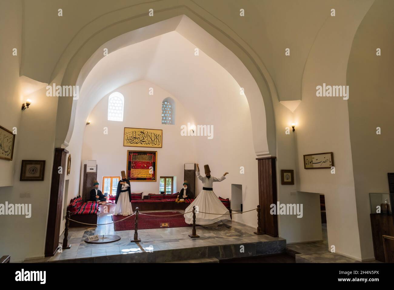 Manisa, Turkey – November 8, 2020.  Interior view of ritual prayer hall (semahane) of the Mevlevi lodge in Manisa. The mevlevi lodge constitutes a par Stock Photo