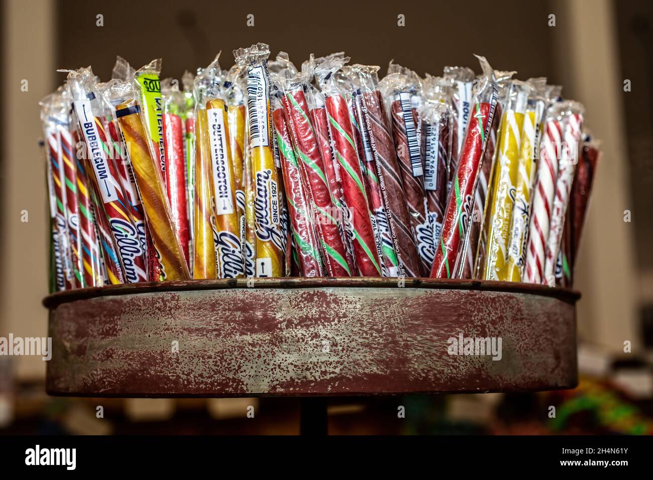 Gilliam Candy Sticks at Sweetly Kismet Candy Store. Stock Photo