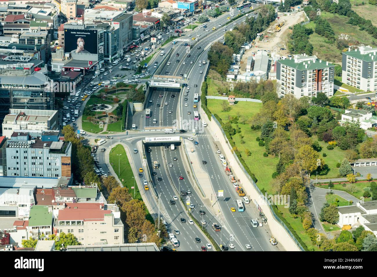 Istanbul, Turkey – November 12, 2020.  Aerial view over Buyukdere caddesi avenue in Istanbul. View with street traffic and surrounding buildings. Stock Photo
