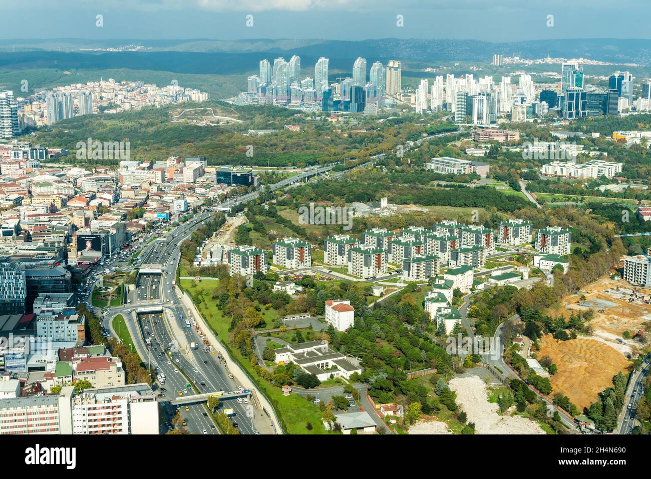 Istanbul, Turkey – November 12, 2020. Aerial view over Besiktas and Sariyer neighborhoods of Istanbul, toward Maslak skyscrapers. View with residentia Stock Photo