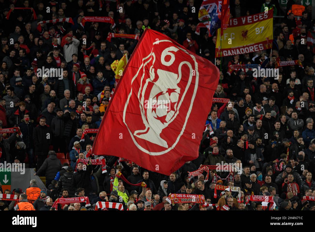 The Liverpool fans wave a banner showing they have won the UEFA ...