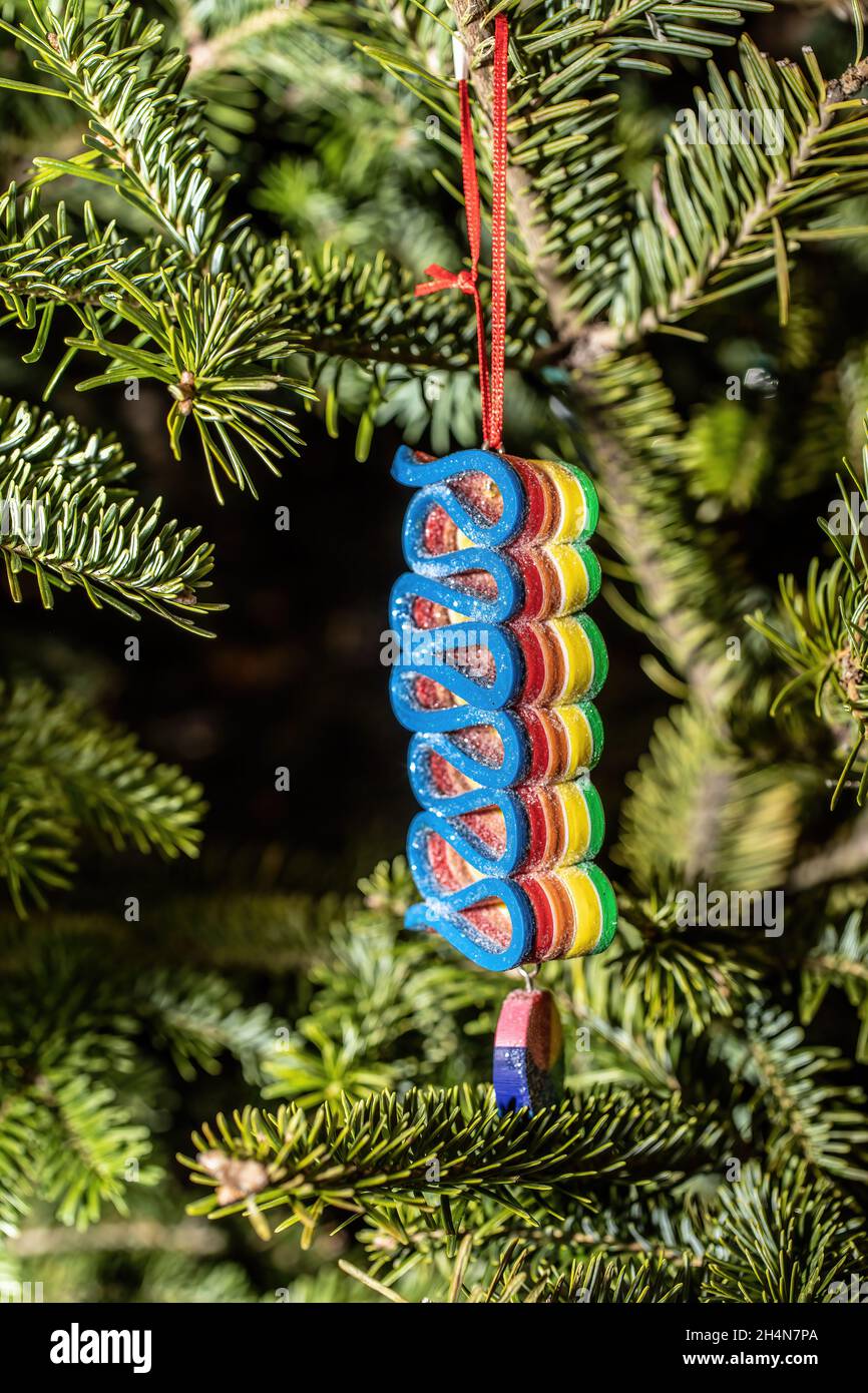 Candy ornament on a Christmas tree at Sweetly Kismet Candy Store in Carlton, Minnesota USA. Stock Photo