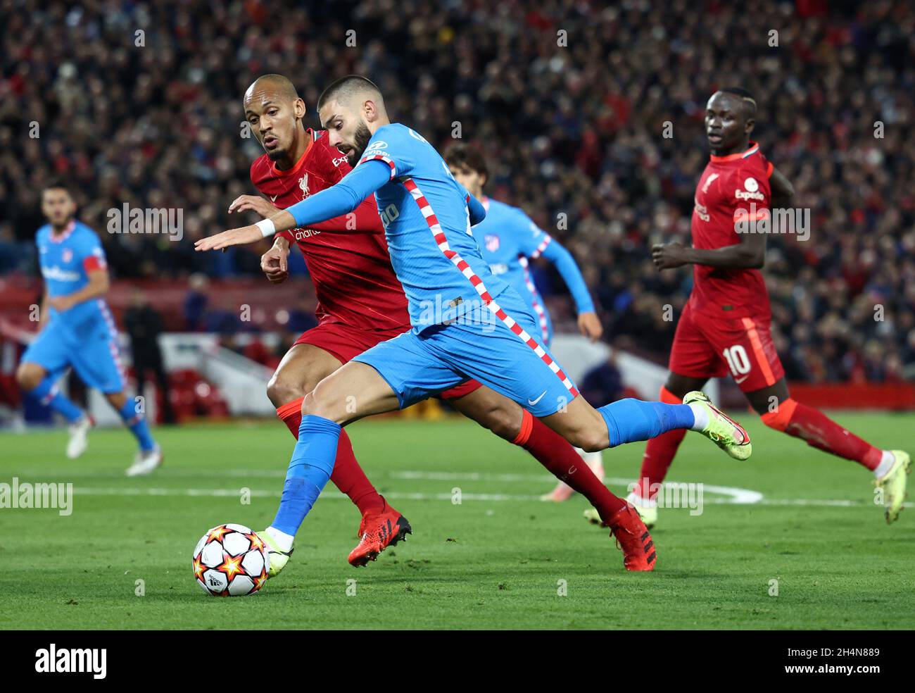 Liverpool, England, 3rd November 2021.  Fabinho of Liverpool challenges Yannick Carrasco of Atletico Madrid during the UEFA Champions League match at Anfield, Liverpool. Picture credit should read: Darren Staples / Sportimage Credit: Sportimage/Alamy Live News Stock Photo