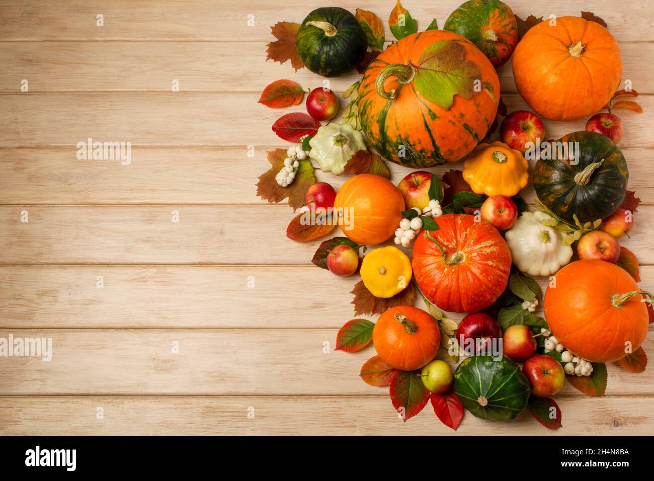 Fall arrangement with green, orange, striped pumpkins, snowberry, leaves, yellow and white squash on the white wooden background, copy space Stock Photo