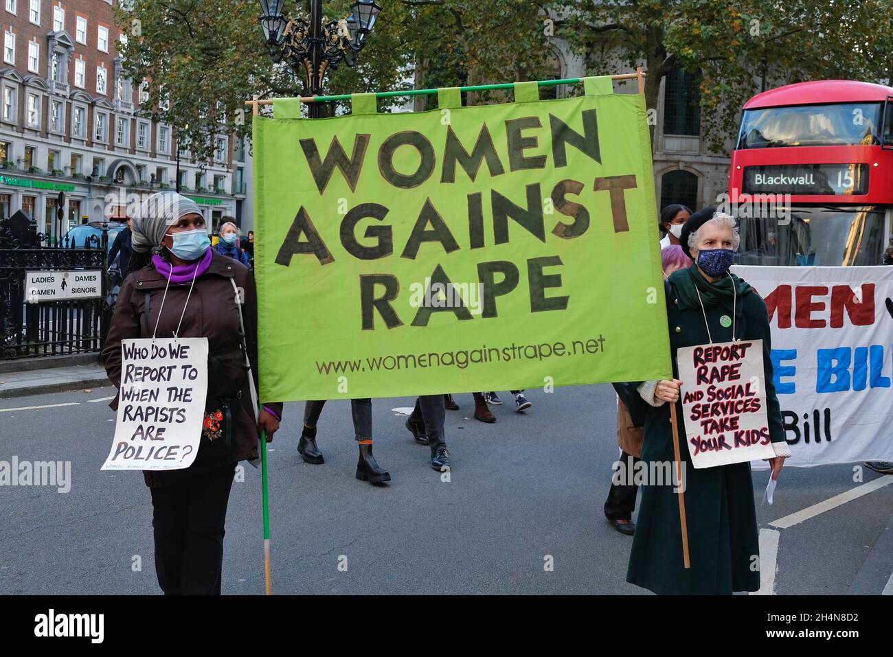 London, UK. Sisters Uncut and other organisations protest police violence against women outside the Royal Courts of Justice. Stock Photo