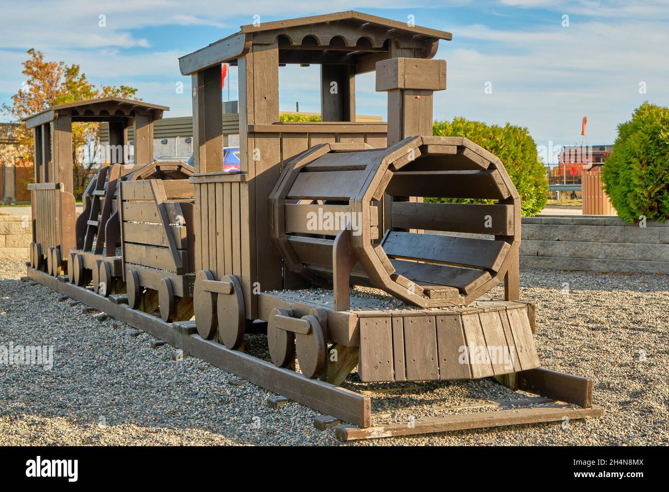 Steam train made from timbers located at the Kapuskasing Welcome Centre. Stock Photo