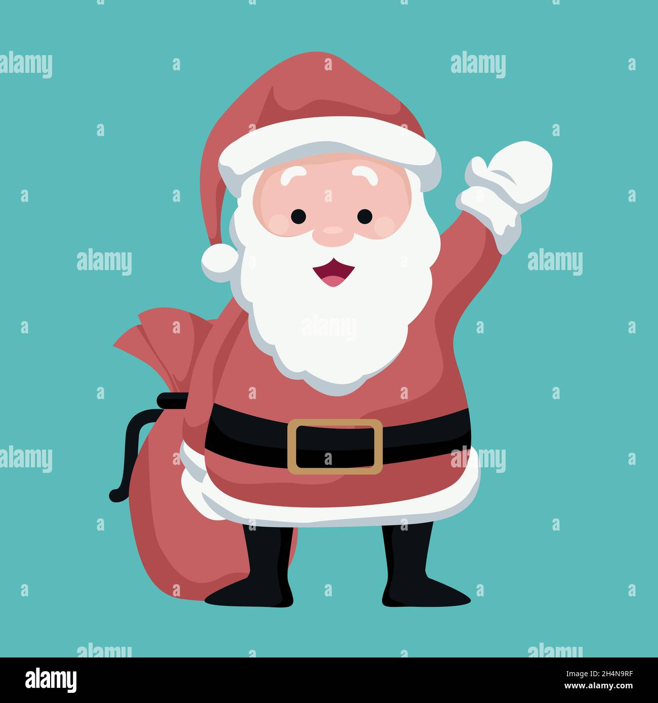 Christmas card Santa Claus waving joyfully with his bag of gifts Stock ...