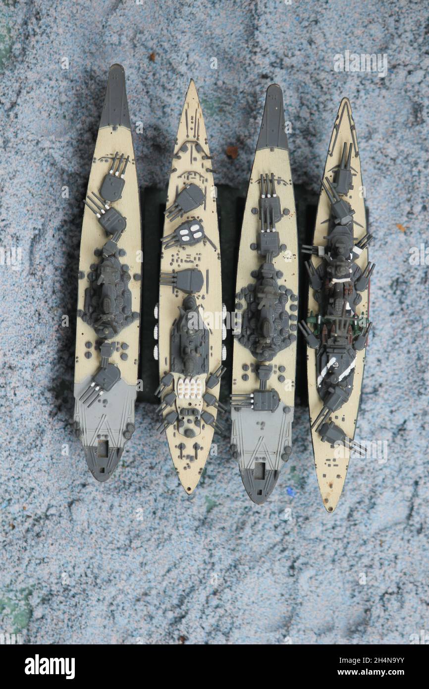 The lineup of miniature battleships consists of the enterprise carrier, the submarine, the battleship Musashi, the battleship Yamato, the main battles Stock Photo