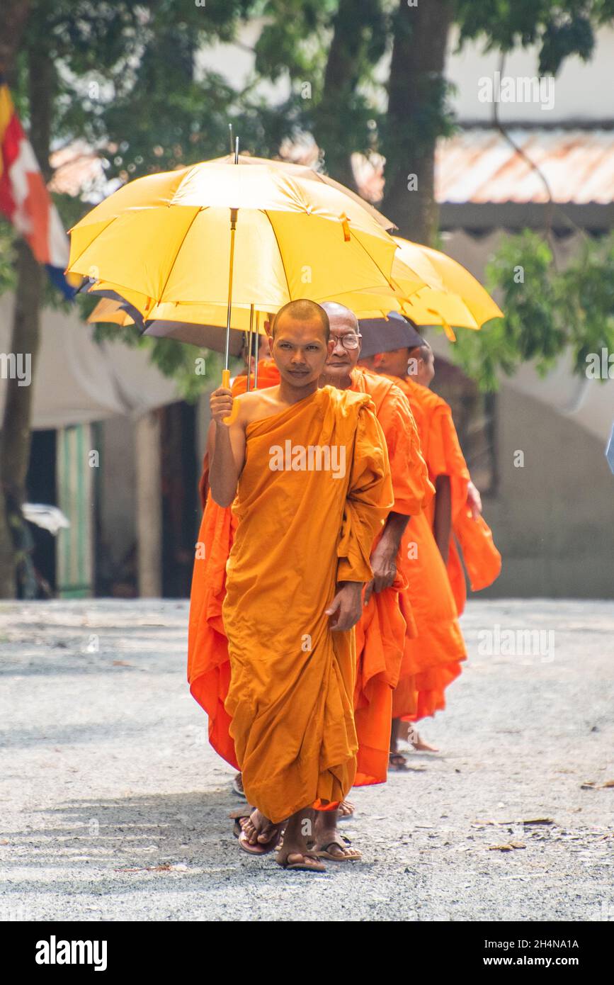 An Giang Sep 21, 2019. Theravada Buddhist monks perform religious rituals around the temple Stock Photo