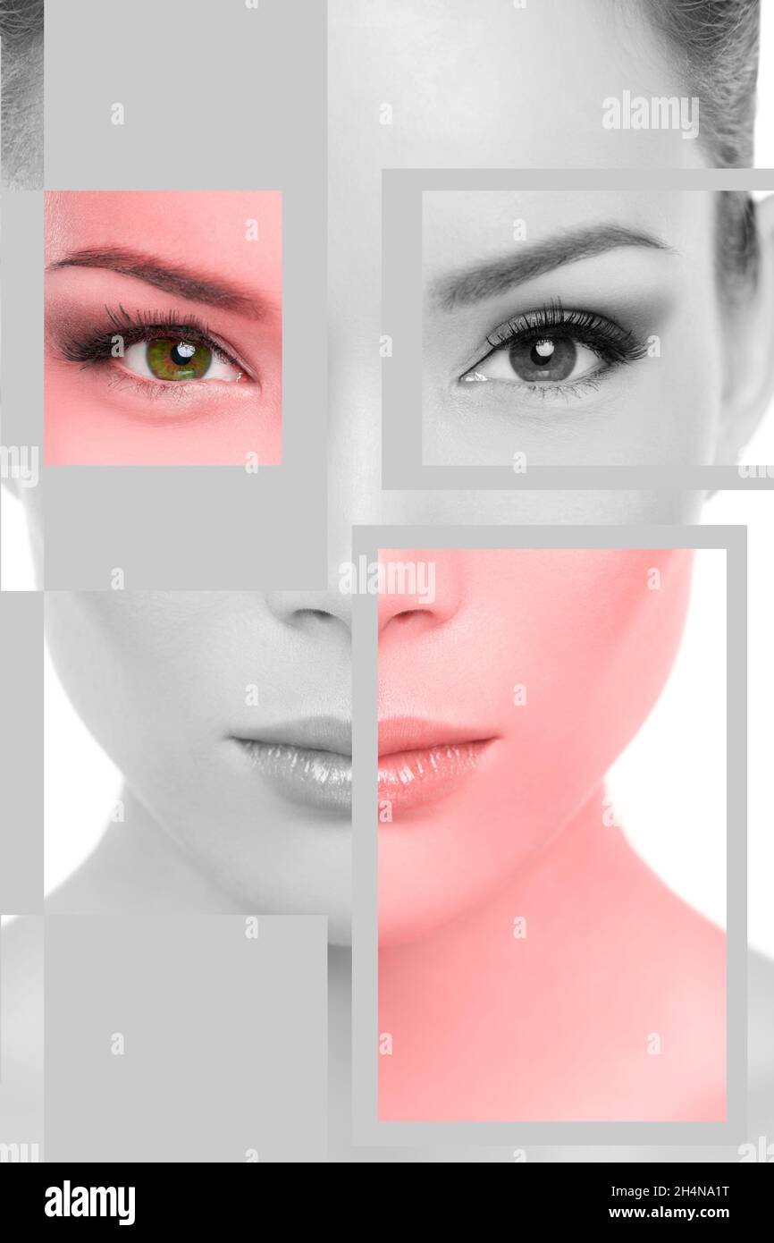 Asian woman face beauty portrait in black and white with red target areas for skin laser therapy facial treatment. Biometrics concept. Square zone Stock Photo