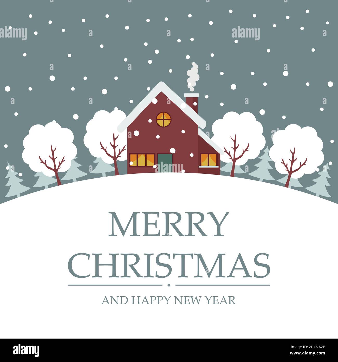 Merry Christmas card design of trees and house in the snow Stock Vector ...