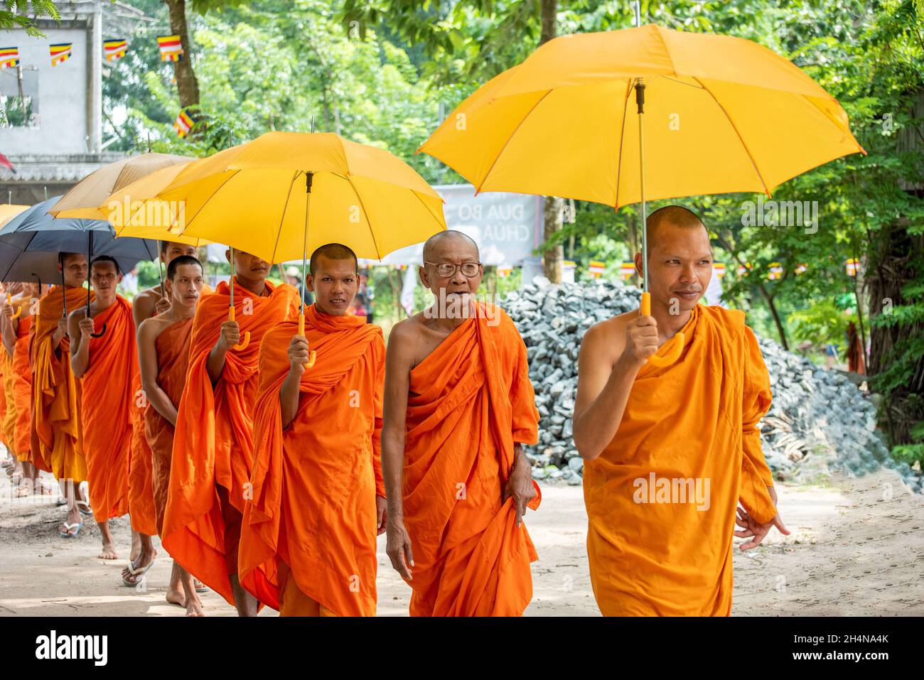 An Giang Sep 21, 2019. Theravada Buddhist monks perform religious rituals around the temple Stock Photo