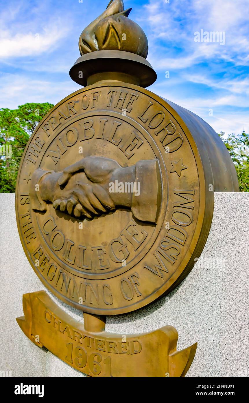 The entrance to the University of Mobile features the college’s seal inscribed, “The fear of the Lord is the beginning of wisdom,” in Mobile, Alabama. Stock Photo