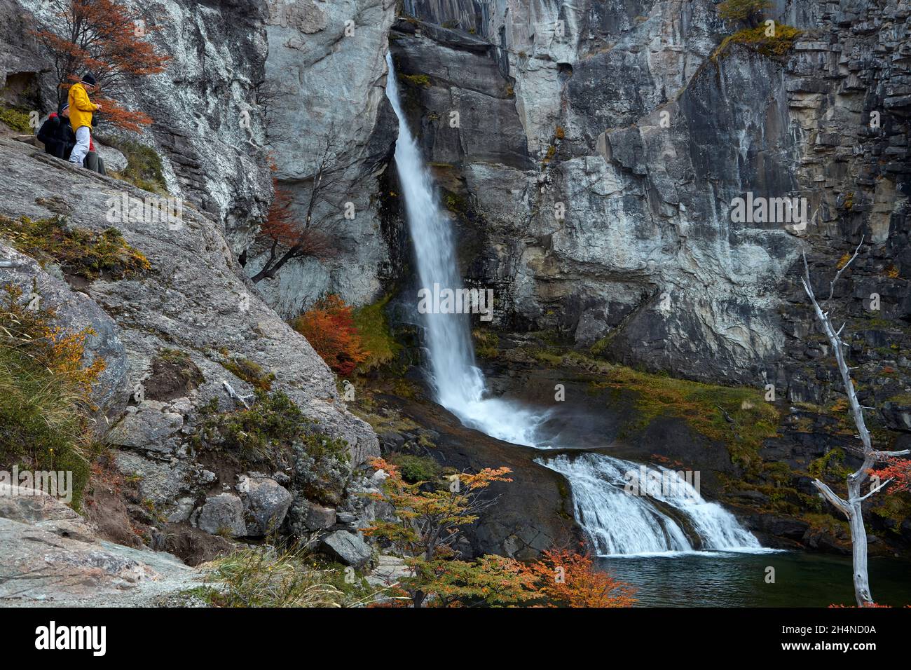 Tourist and El Chorrillo Waterfall near El Chalten, Parque Nacional Los Glaciares, Patagonia, Argentina, South America (MR) Stock Photo