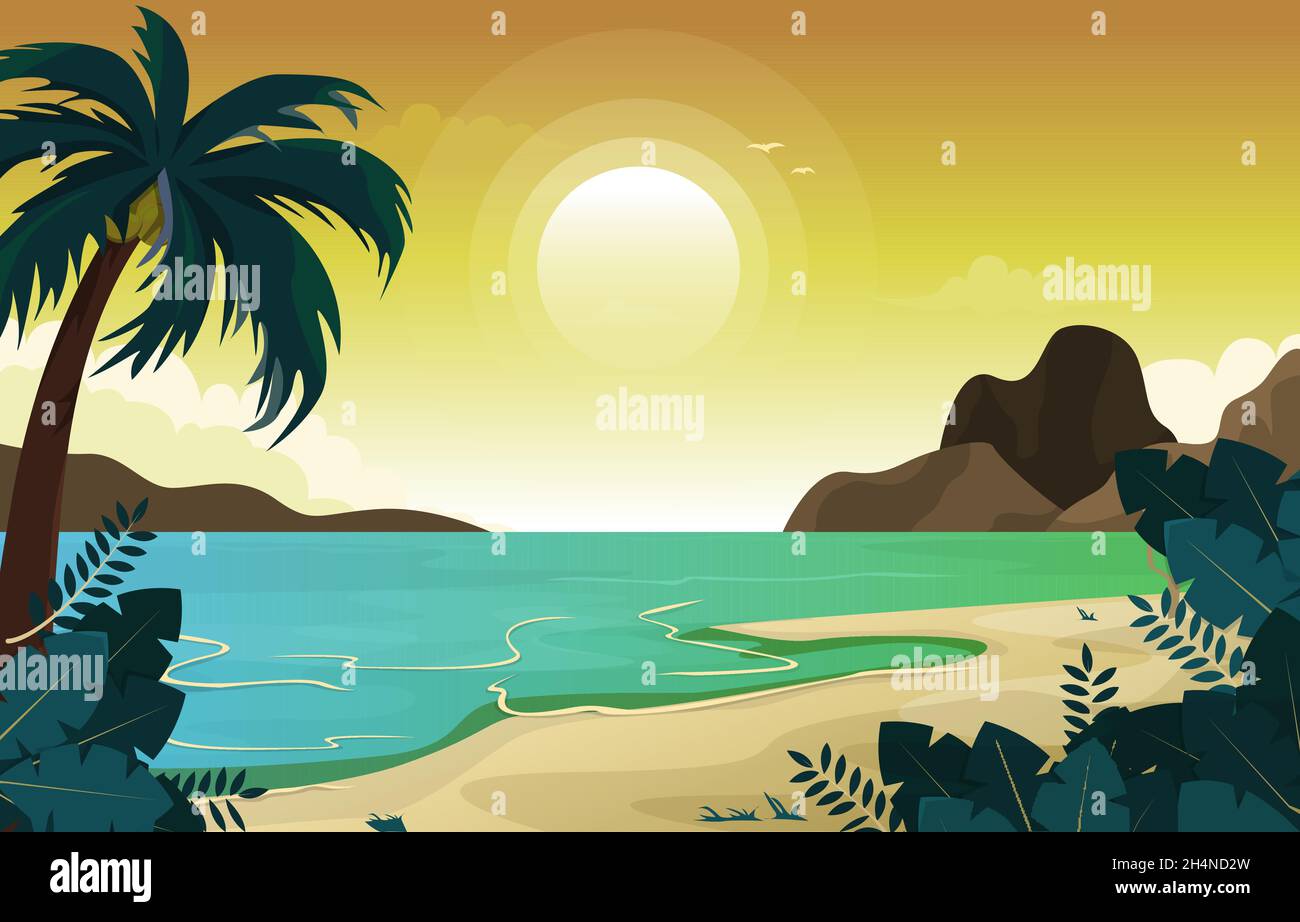 Beautiful Sunset Beach Sea Vacation Holiday Tropical Vector Illustration Stock Vector
