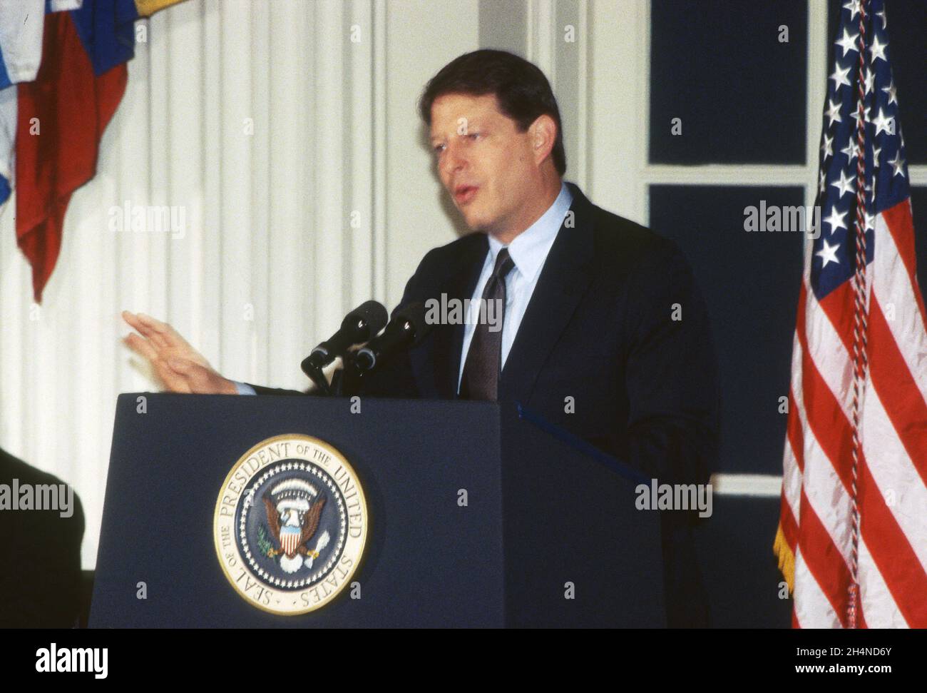 United States Vice President Al Gore makes remarks prior to introducing US President Bill Clinton prior to the signing of the multinational GATT Treaty at the Organization of American States Building in Washington, DC on Thursday, December 8, 1994.Credit: Ron Sachs / CNP / MediaPunch Stock Photo