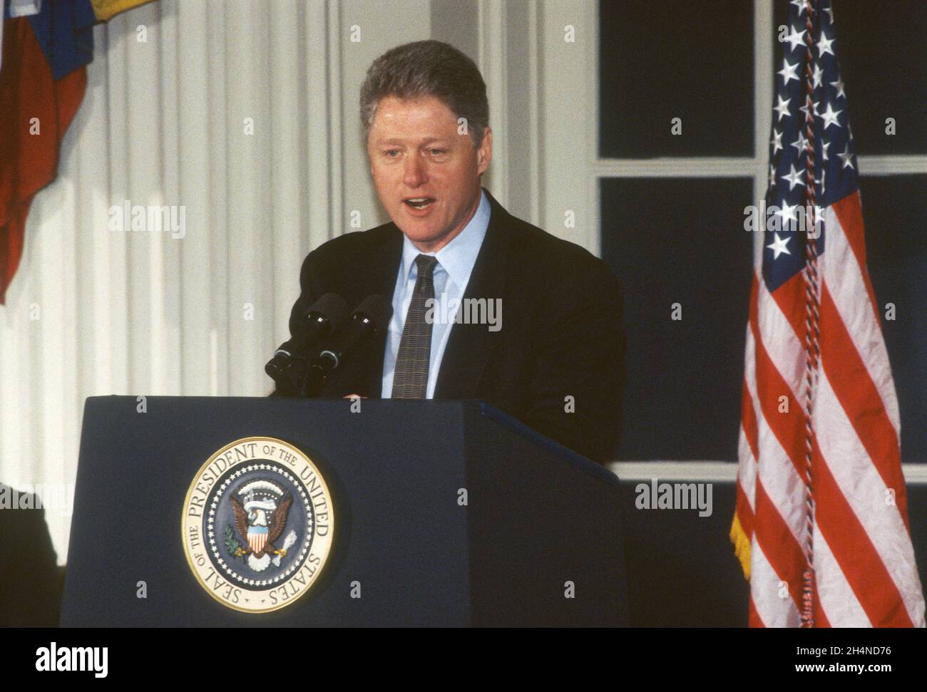 United States President Bill Clinton makes remarks prior to signing of the multinational GATT Treaty at the Organization of American States Building in Washington, DC on Thursday, December 8, 1994.Credit: Ron Sachs / CNP / MediaPunch Stock Photo