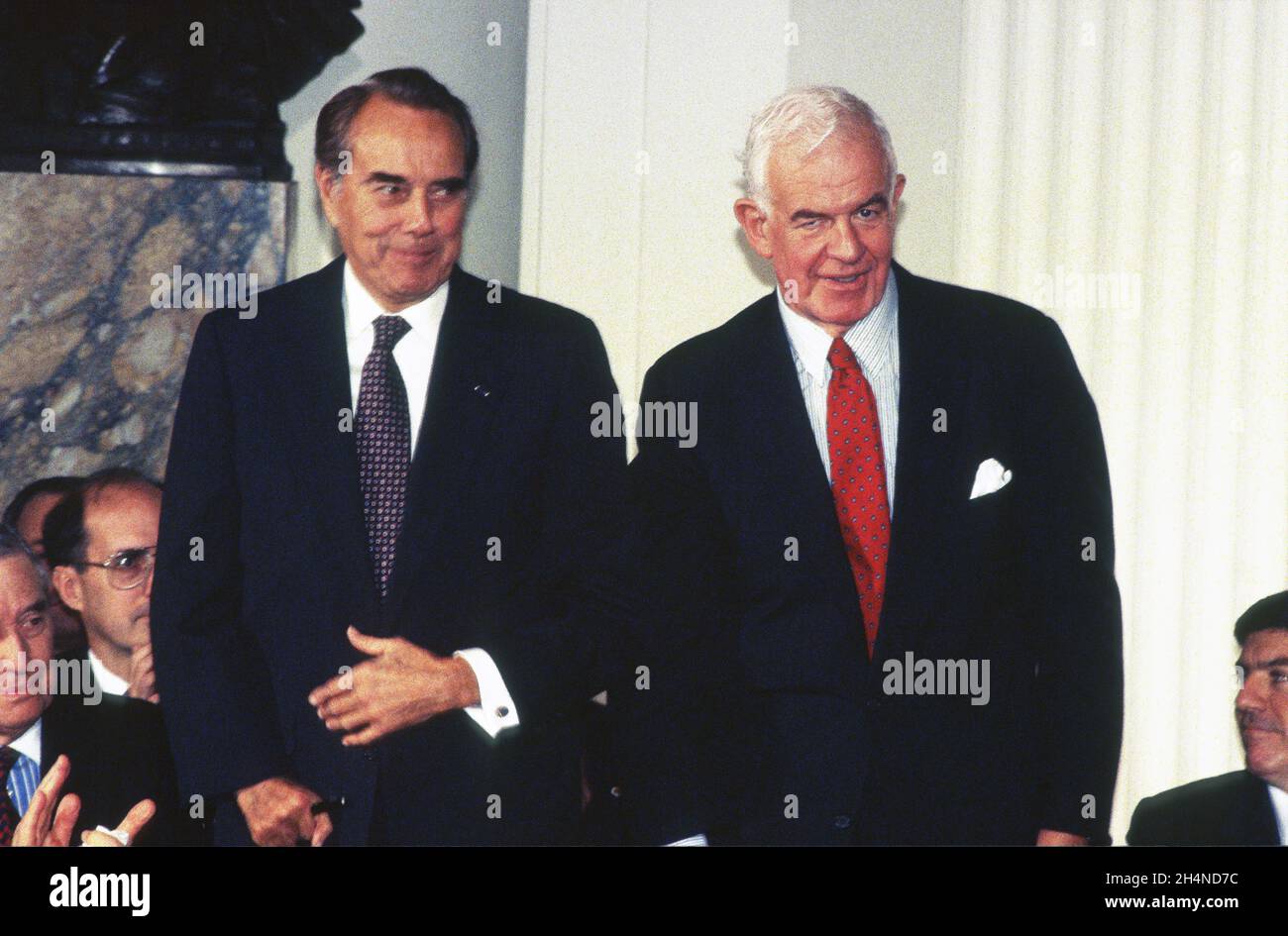Incoming United States Senate Majority Leader Bob Dole (Republican of Kansas), left, and Speaker of the United States House of Representatives Tom Foley (Democrat of Washington), right, attend the signing of the multinational GATT Treaty at the Organization of American States Building in Washington, DC on Thursday, December 8, 1994.Credit: Ron Sachs / CNP / MediaPunch Stock Photo