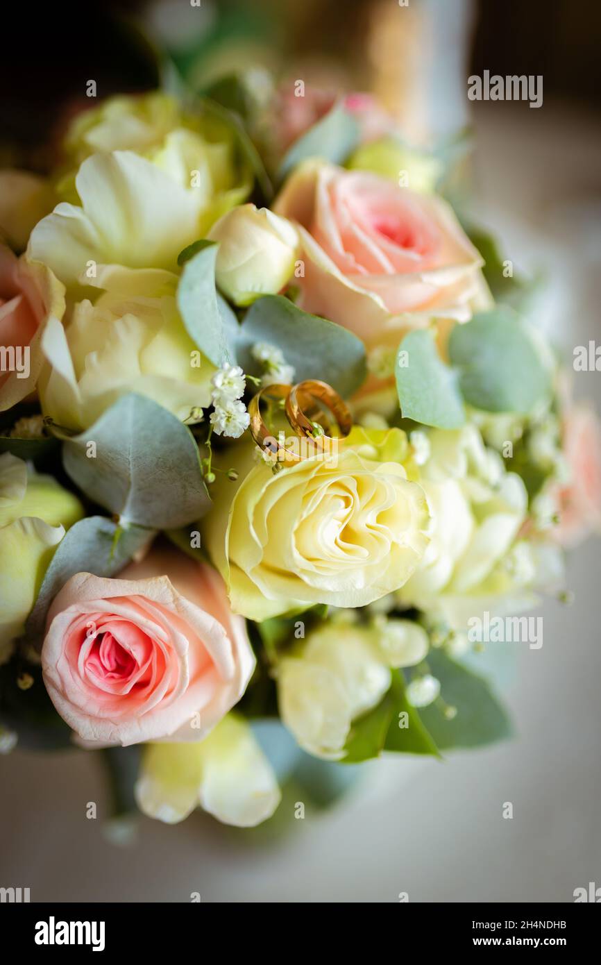 Wedding rings on a petal of a rose. Concept for a wedding card. The bride's bouquet. Stock Photo