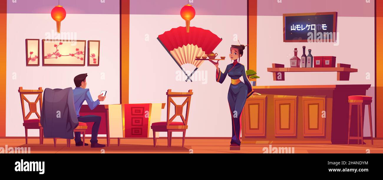 Chinese or japanese restaurant with waitress in kimono and man using phone. Vector cartoon illustration of customer and girl with tea in china cafe interior with red asian lanterns and fan on wall Stock Vector