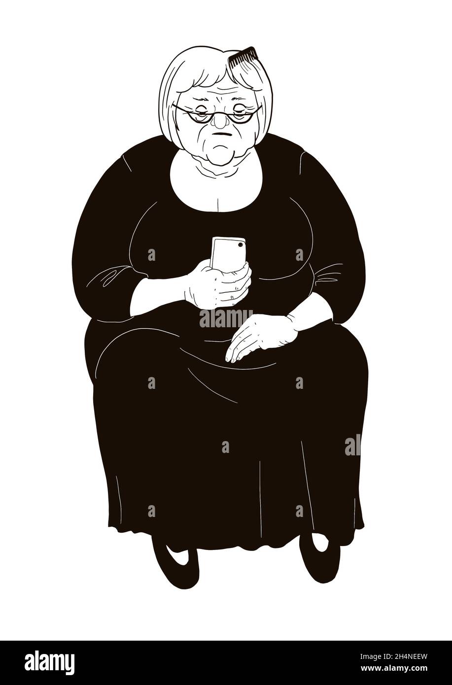 An elderly woman reads a message on a smartphone. Character illustration isolated on white background. Stock Photo
