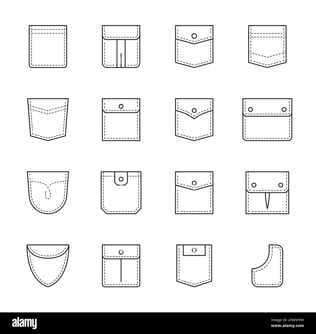 Patch pocket. Uniform clothes pockets with seam and flap. Jacket, woman and men denim or jean pants and casual shirt outline vector different shape po Stock Vector