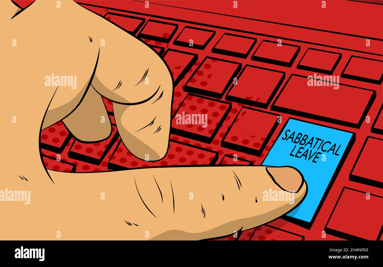 Sabbatical leave words on computer keyboard. Man push keypad on laptop. Comic book style concept. Break from job stress concept. Stock Vector