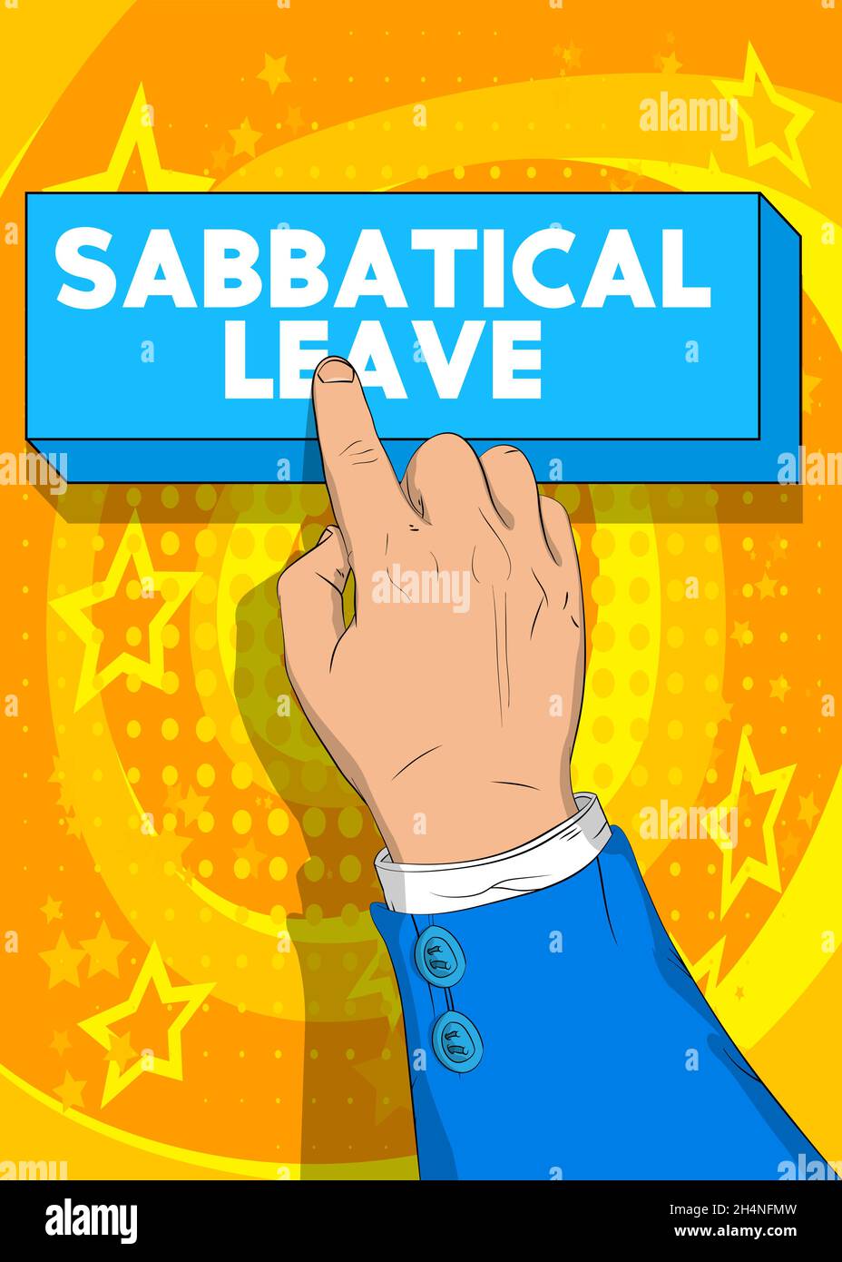 Businessman pushing Sabbatical leave button with his index finger. Comic book style illustration. Break from job stress concept. Stock Vector