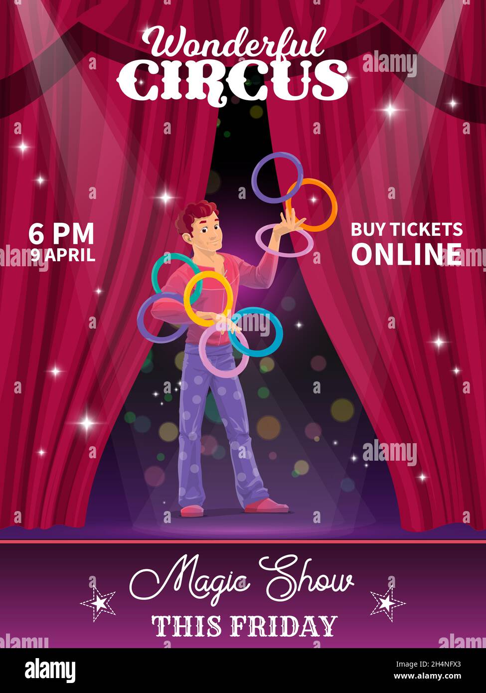 Shapito circus poster, cartoon juggler on big top tent stage with ...