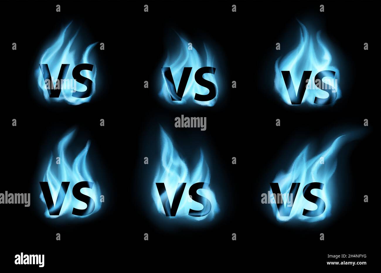 VS and versus vector signs with blue gas fire flames. VS battle challenge isolated symbols of sport game match, boxing fight, team competition or duel Stock Vector