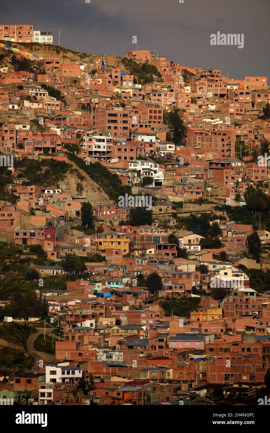 Brick housing on a steep hillside, La Paz, Bolivia, South America Stock