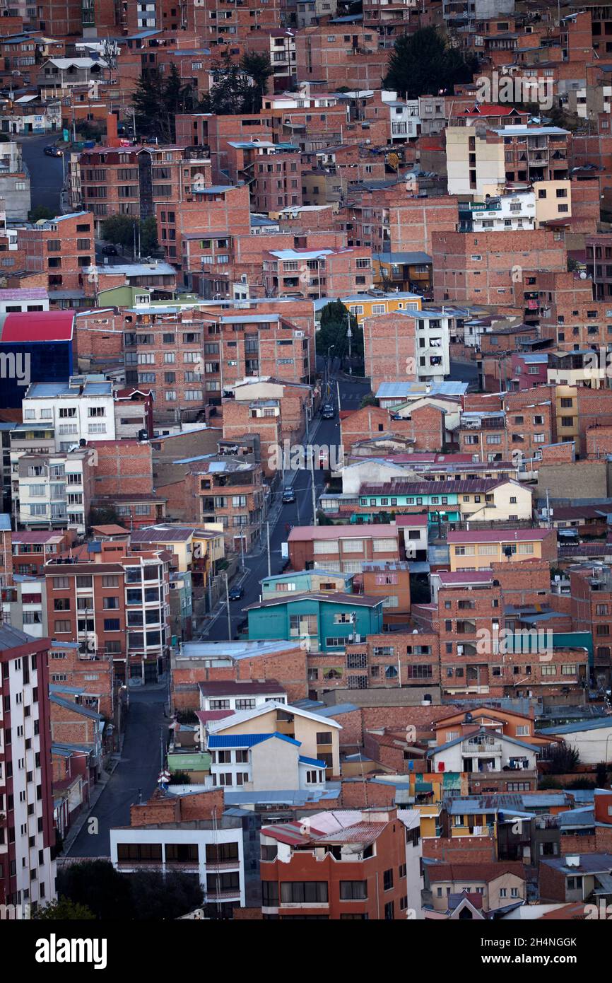 Brick housing on a steep hillside, La Paz, Bolivia, South America Stock