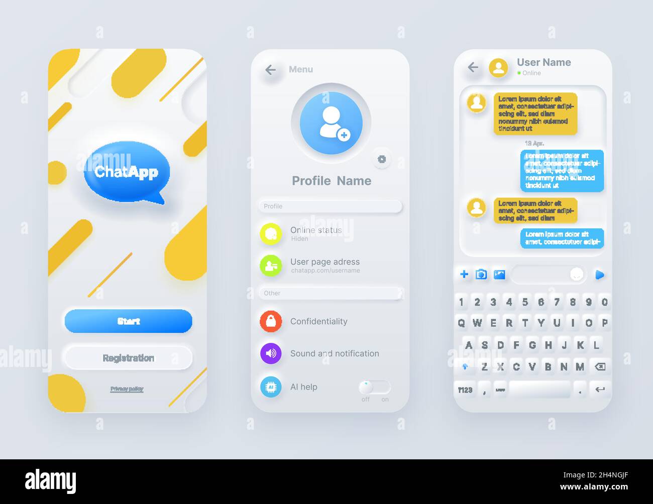 Neumorphic chat application interface, ui of mobile or web communication app. Messenger screen template vector kit with message bubbles, online dialog Stock Vector