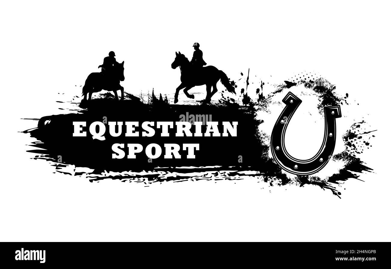 Equestrian sport club grunge banner, horse riding and racing, horseshoe. Vector black silhouette, races, rides, jockey training or competition, stalli Stock Vector