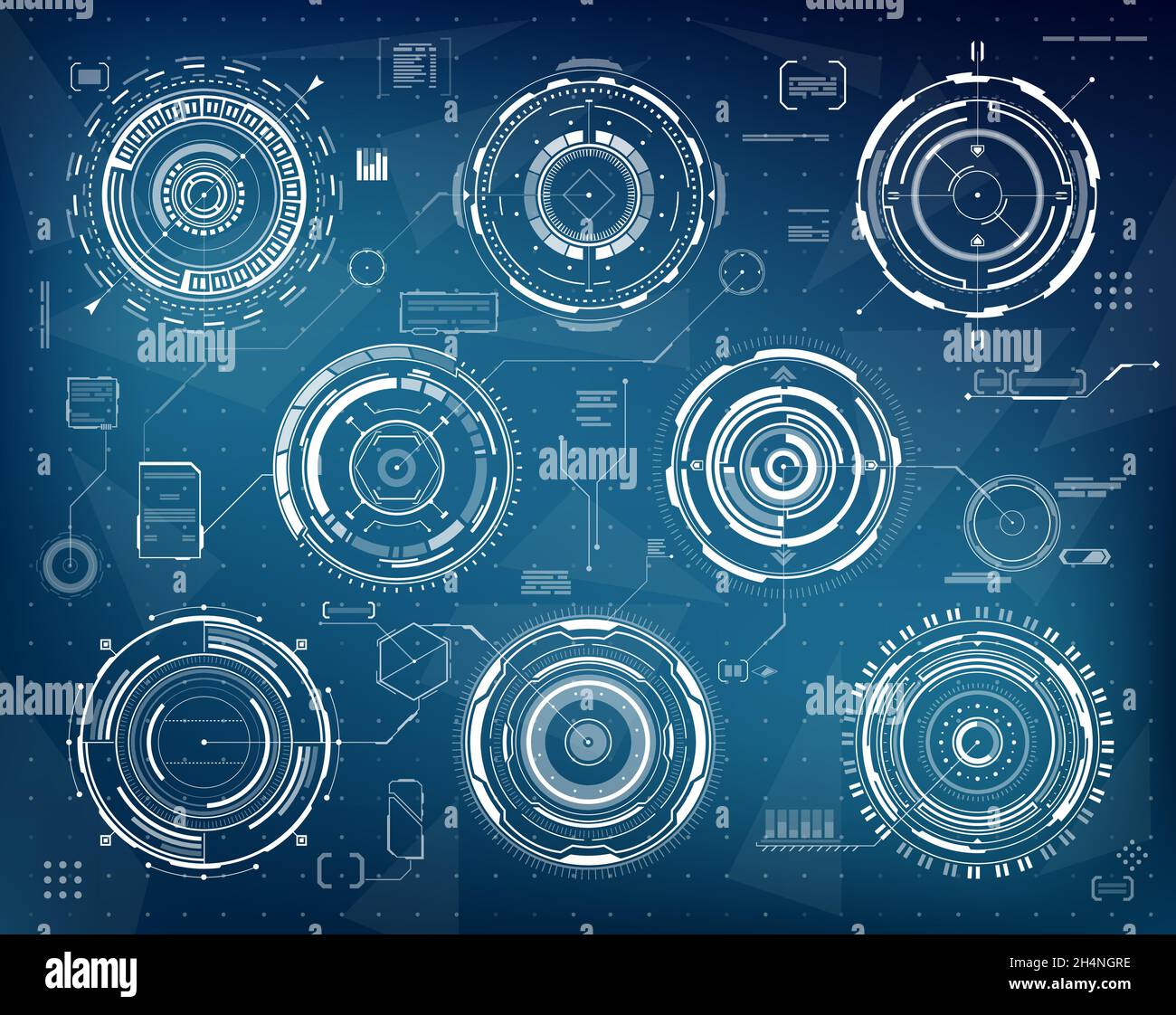 HUD futuristic circular interface panels. Sci Fi, web technology and visual data vector graphs set. Game GUI elements collection, app or computer prog Stock Vector