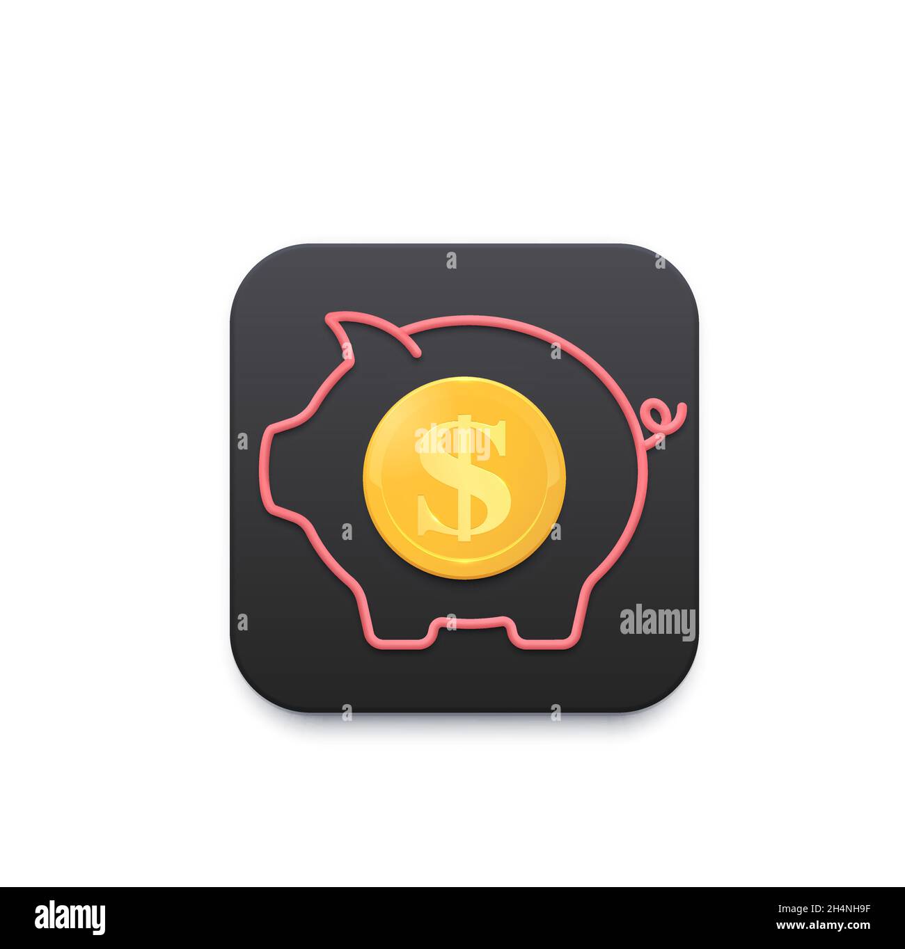 Piggy bank with golden coin icon of money saving app. Pig pink ...