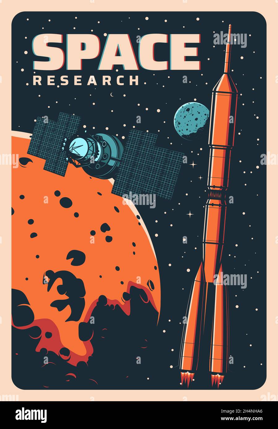 Astronaut on an Unknown Planet Retro Space Poster Stylization, Spaceman  with Helmet, Rockets Launching, Flying Space Rockets Stock Vector