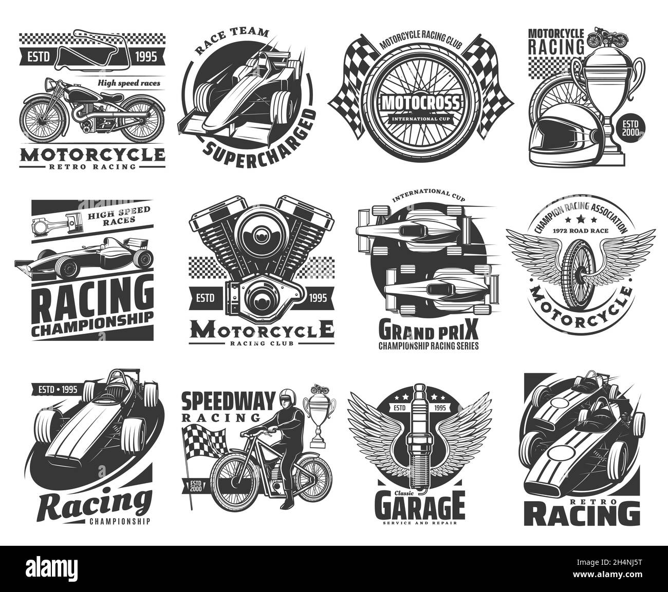 Motorcycle racing icons, car sport races and club emblems, vector. Motors championship and speedway or rally racing and custom garage signs with engin Stock Vector